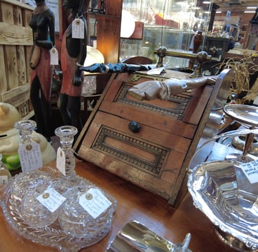 antiques and curios @jkfarm.co.uk glassware, Africana, bread bin, silver