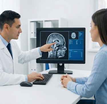 Dr. Sherif Makar points to a brain MRI scan on a computer monitor, explaining diagnostic results