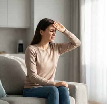 woman sitting on a sofa in a living room, wincing in pain and shielding her eyes from the bright light of a window