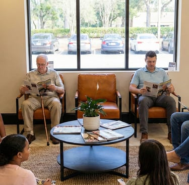 Patients seated in the Charis Neurology waiting room, relaxing in a bright, comfortable lobby before their appointments.