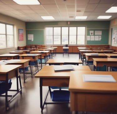 a classroom with desks and windows and desks