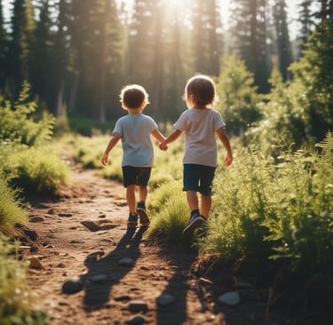 two young students holding hands and walking down a path outside