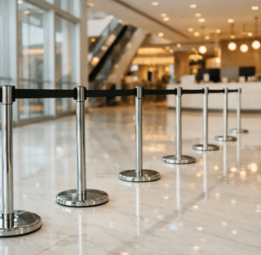 Chrome belt stanchions forming an organized queue lane inside a modern Philippine mall lobby with po