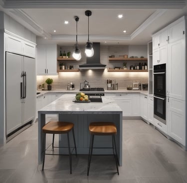 a redesigned kitchen with a large island