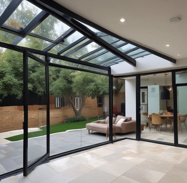 a glass living room with a couch 