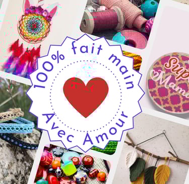 composition de photos qui représentant des créations artisanales. Au centre un écusson "fait main avec amour"