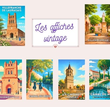 Collection d'affiches vintage, représentant les clochers du Lauragais et le canal du midi.