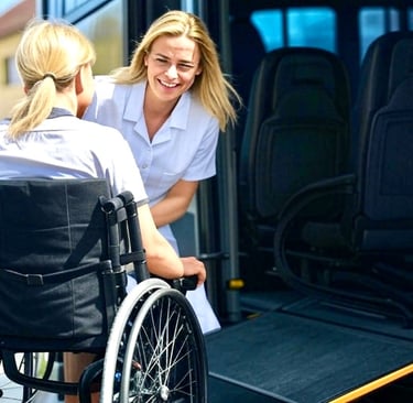 a woman in a wheelchair wheel chair being assisted by a wheelchair