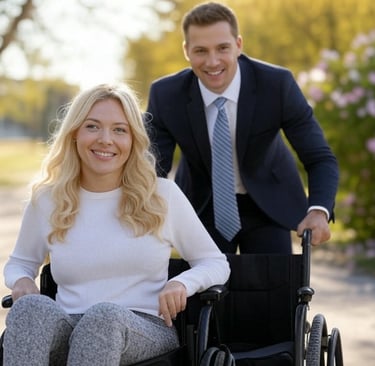 a man and woman in a wheelchair in a park
