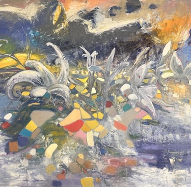 large original oil painting of abstract radiant flowers