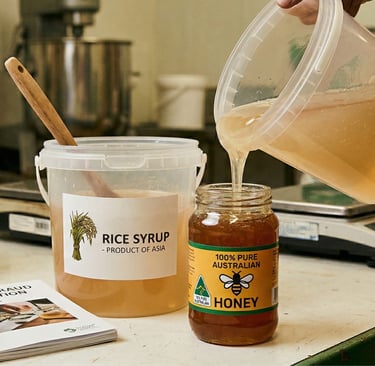 pouring cheap imported rice syrup into a glass jar falsely labeled 100% pure Australian honey, honey adulteration honey fraud