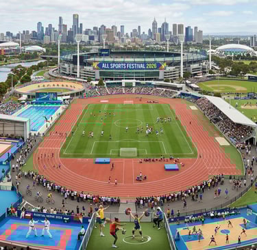 Panoramic aerial view of the All Sports Festival 2026 stadium complex featuring various sports venues.