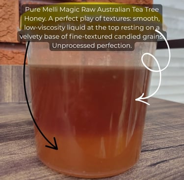 Melli Magic raw Australian tea tree honey showing a smooth liquid top over a velvety candied base.