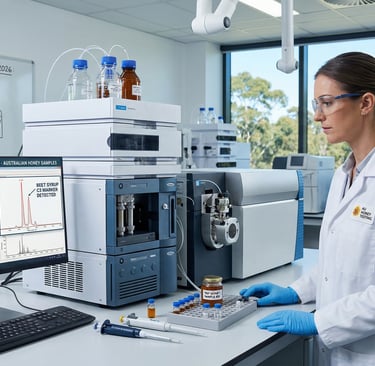 Scientist in a laboratory using LC-HRMS equipment for honey purity and adulteration testing.