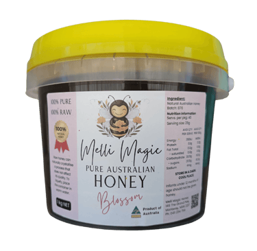 Melli Magic 1kg tub of raw Pure Australian Blossom Honey with a yellow lid and bee logo.