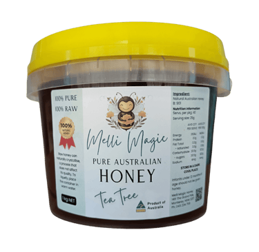Melli Magic 1kg tub of 100% pure raw Australian Tea Tree honey with a yellow lid.