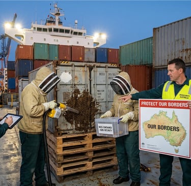 Biosecurity Australia officers inspect a swarm of bees on a shipping container at a port.