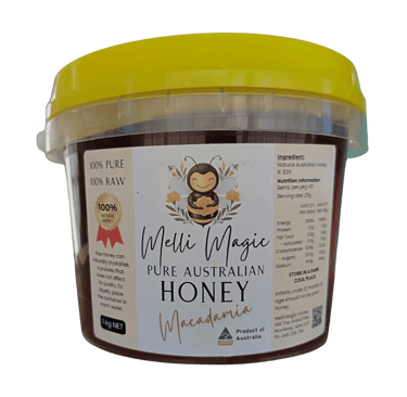 Melli Magic 1kg tub of pure raw Australian Macadamia honey with a yellow lid.