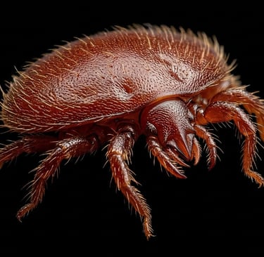Extreme macro of a brown Varroa destructor mite, a common honey bee parasite, against a black background.
