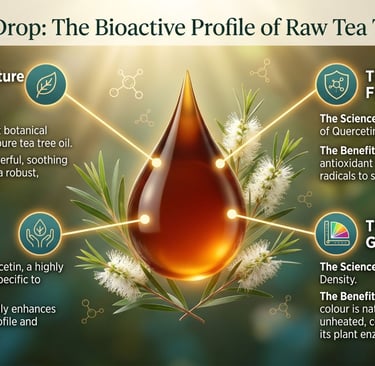Infographic showing the bioactive profile of raw tea tree honey, detailing terpenes, flavonoids, and phenolics.