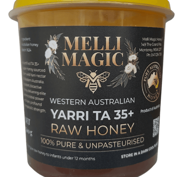 A jar of Melli Magic Western Australian Yarri TA 35+ Raw Honey, 100% pure and unpasteurised.