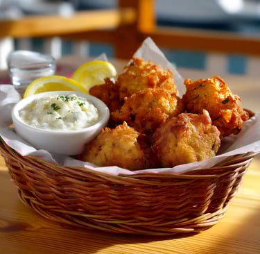 clam cakes in basket with tartar sauce