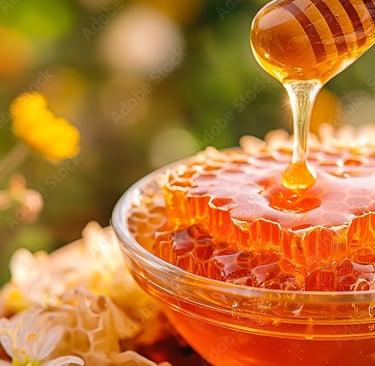 Golden organic honey drips from dipper onto fresh honeycomb with flowers in sunny garden scene.