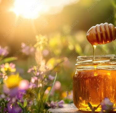 Golden organic honey drips into jar with wildflowers under sunset, pure natural Iranian honey scene.