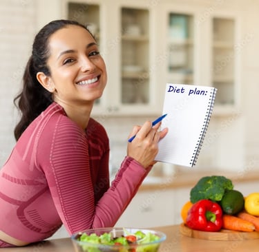 Smiling woman with diet plan notepad, fresh veggies, organic Iranian food for healthy lifestyle goal