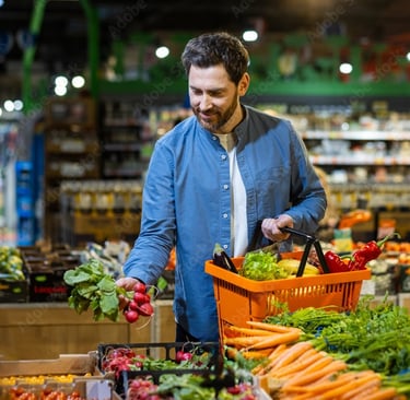 Man shops organic Iranian vegetables, fresh produce in basket, healthy eating from trusted food brands