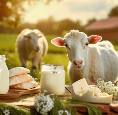 Fresh organic milk, cheese, and bread on rustic table with cow and sheep in sunny Iranian countryside field