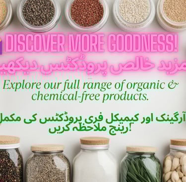 Organic Iranian spices and grains in jars with Urdu-English text promoting FreshOrganicTaste product