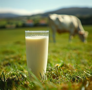 Glass of fresh organic Iranian milk on green grass with cow, natural dairy, best Persian dairy products