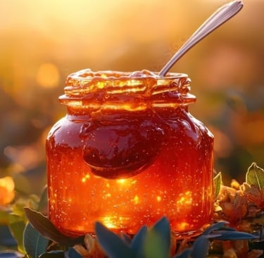 Glowing jar of pure Iranian honey or jam with spoon, sunlight, flowers—organic, healthy,100% natural