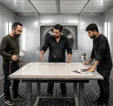 Professional woodworkers applying paint and finish to a cabinet door in a modern spray booth facility.