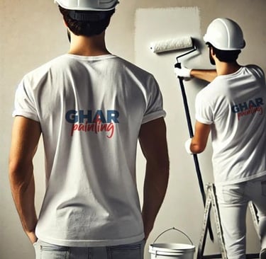 a man in a white shirt and a white hat with a paint roller