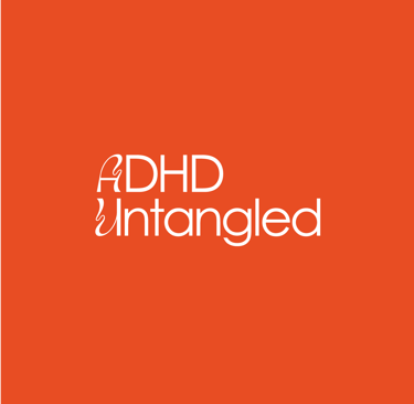 A picture of the logo of ADHD Untangled Podcast, white writing on an orange background