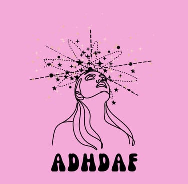 Logo for the ADHDAF Podcast, the head and shoulders of a woman with a pink background