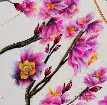 une peinture avec des fleurs rose et orange