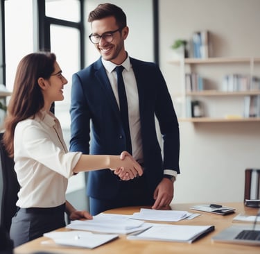 Professional advisor smiling warmly, dressed in modern business attire with a deep teal background.