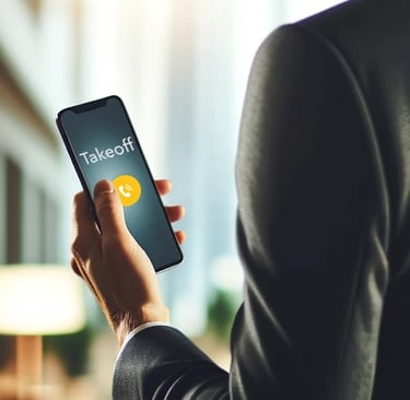  une personne tenant un télephonee, le logo de Takeoffsolution sur l'écran et un bouton d'appel