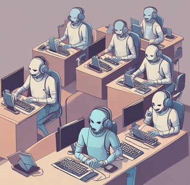 Four small, white robot figures are sitting in a row, each with a laptop in front of them. They have round bodies and blue accents, with 'AI' displayed on their chests. The background is minimal and light gray, emphasizing the robots and their computers.