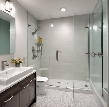 Bright bathroom with modern fixtures and handrails for safety