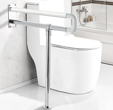 a toilet with a handicap handrail