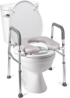a raised toilet seat with safety grab bars for assistance in standing