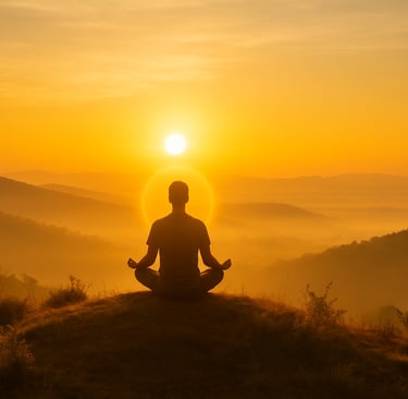Person, die bei Sonnenaufgang meditiert, Symbol für inneren Frieden und persönliches Wachstum.