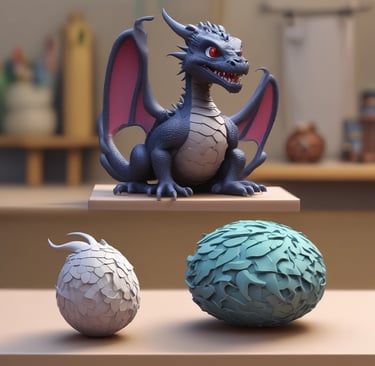 A collection of intricately designed 3D printed models displayed on a wooden table.