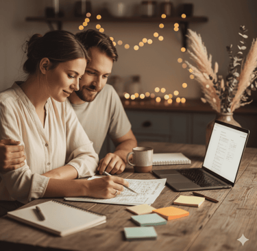 Couple souriant planifiant ensemble comment organiser un mariage avec un petit budget avec un café