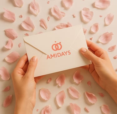 Enveloppe du coffret mariage Amidays tenue entre deux mains sur fond de pétales de rose