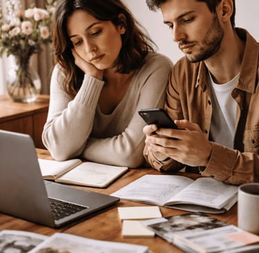 Couple préparant leur mariage à table, l’un sur son téléphone, l’autre pensif, entourés de documents et d’un ordinateur
